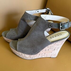 Guess Olive Green Perforated Suede Cork Wedge Sandals